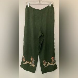 Citron GUC Size Large 100% Silk Olive Green Drop Waist Pull-on Pants with Design